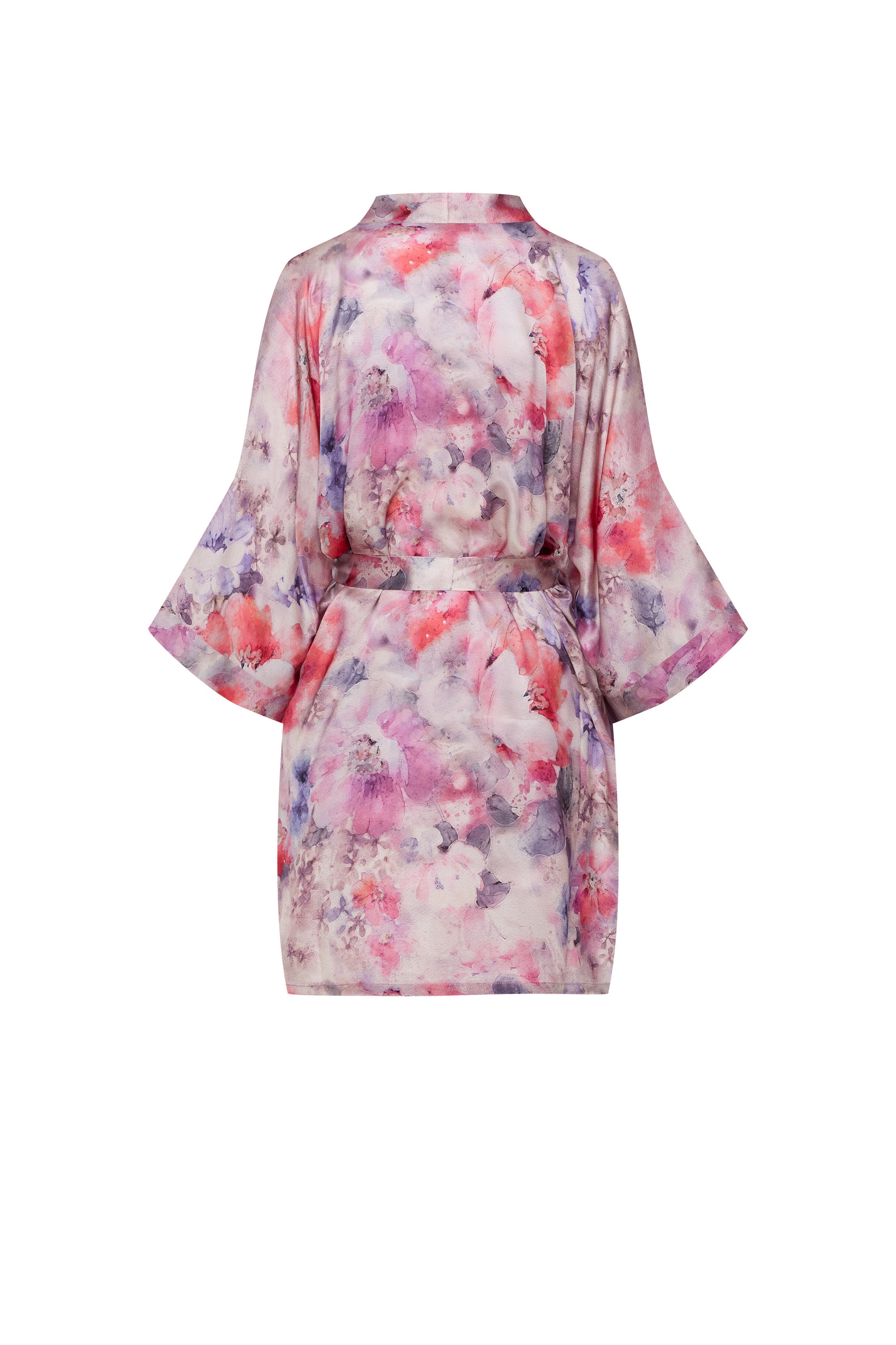 Kimono soie court rose fleurie