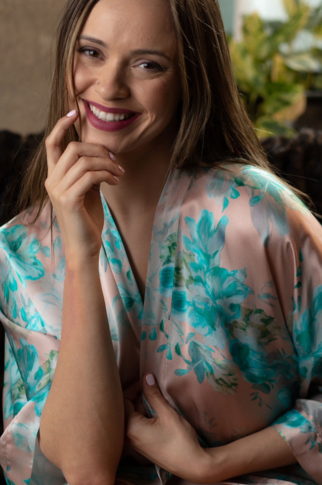 Kimono en soie long turquoise et rose