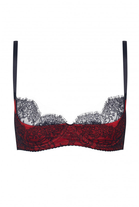 RAMA red satin black Chantilly lace bra