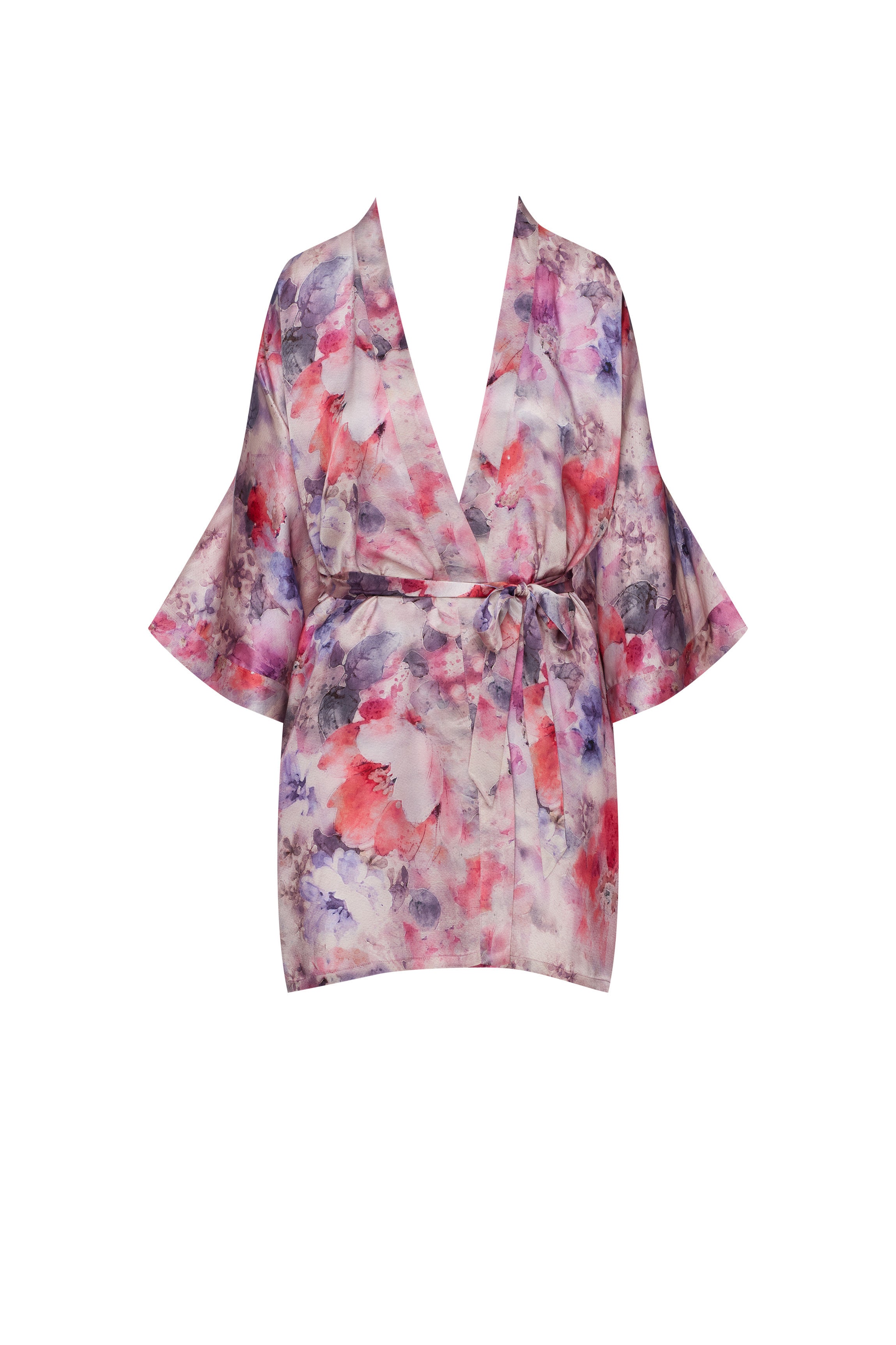 Kimono soie court rose fleurie