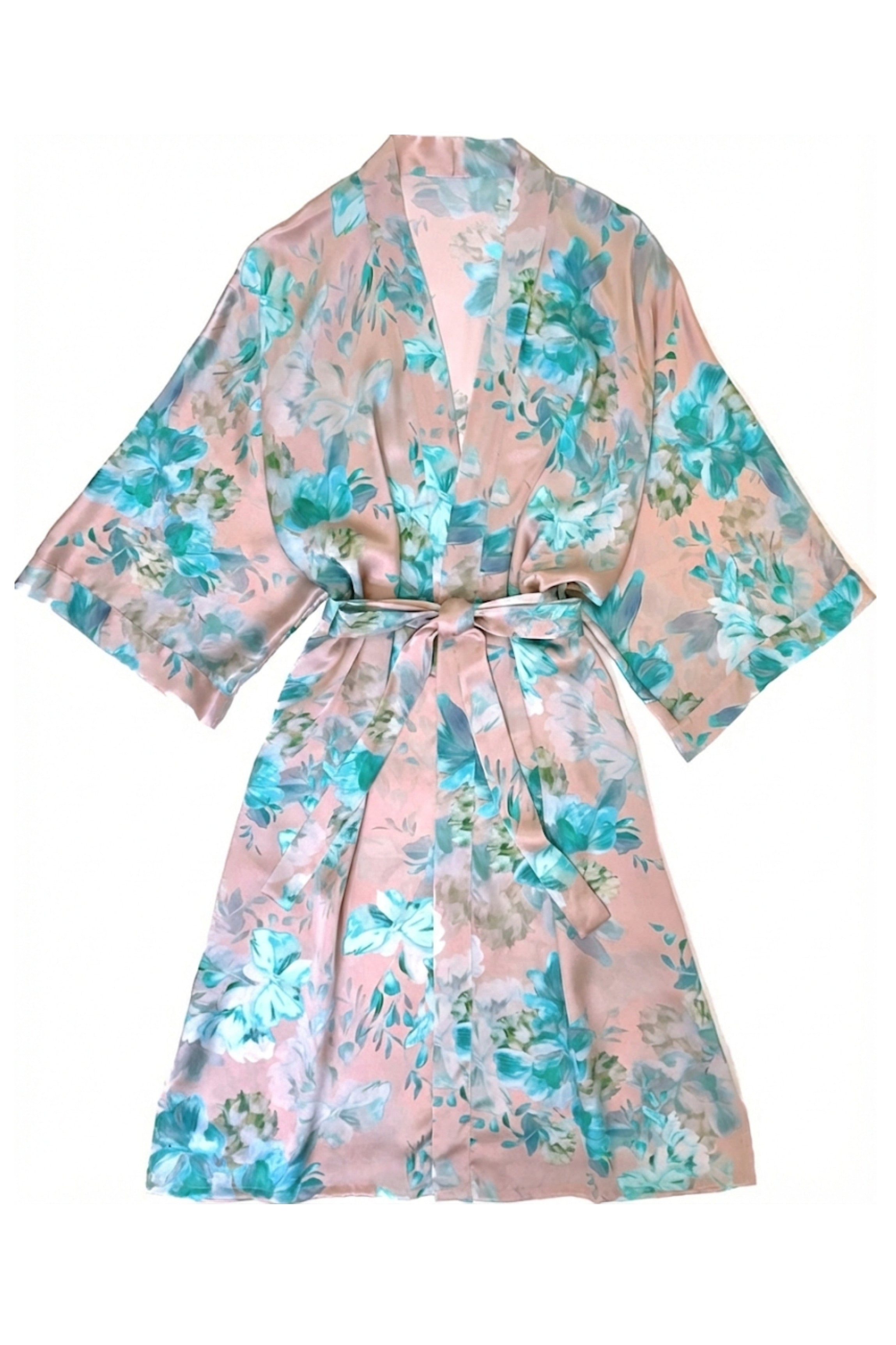 Kimono en soie long turquoise et rose
