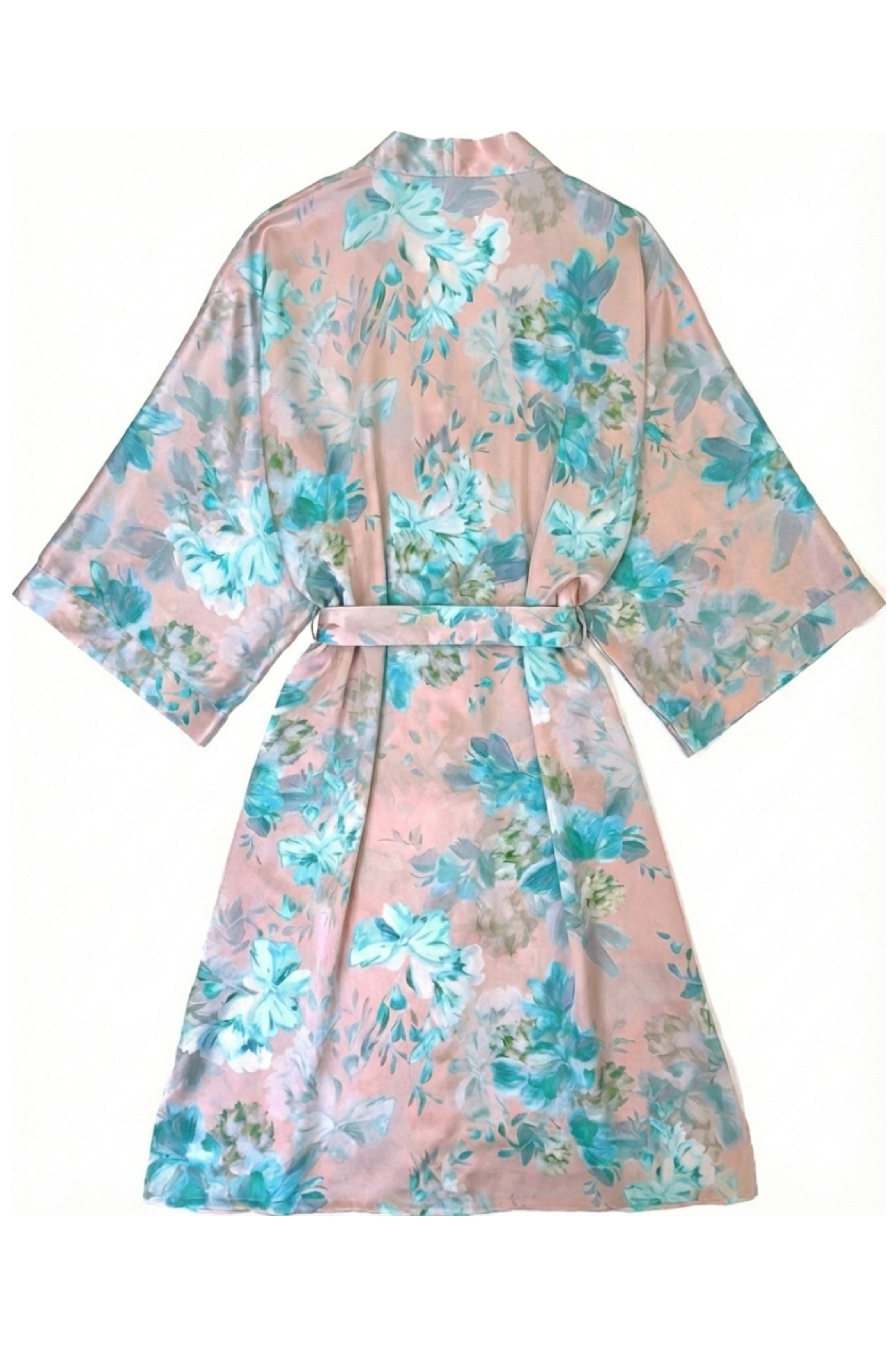 Kimono en soie long turquoise et rose