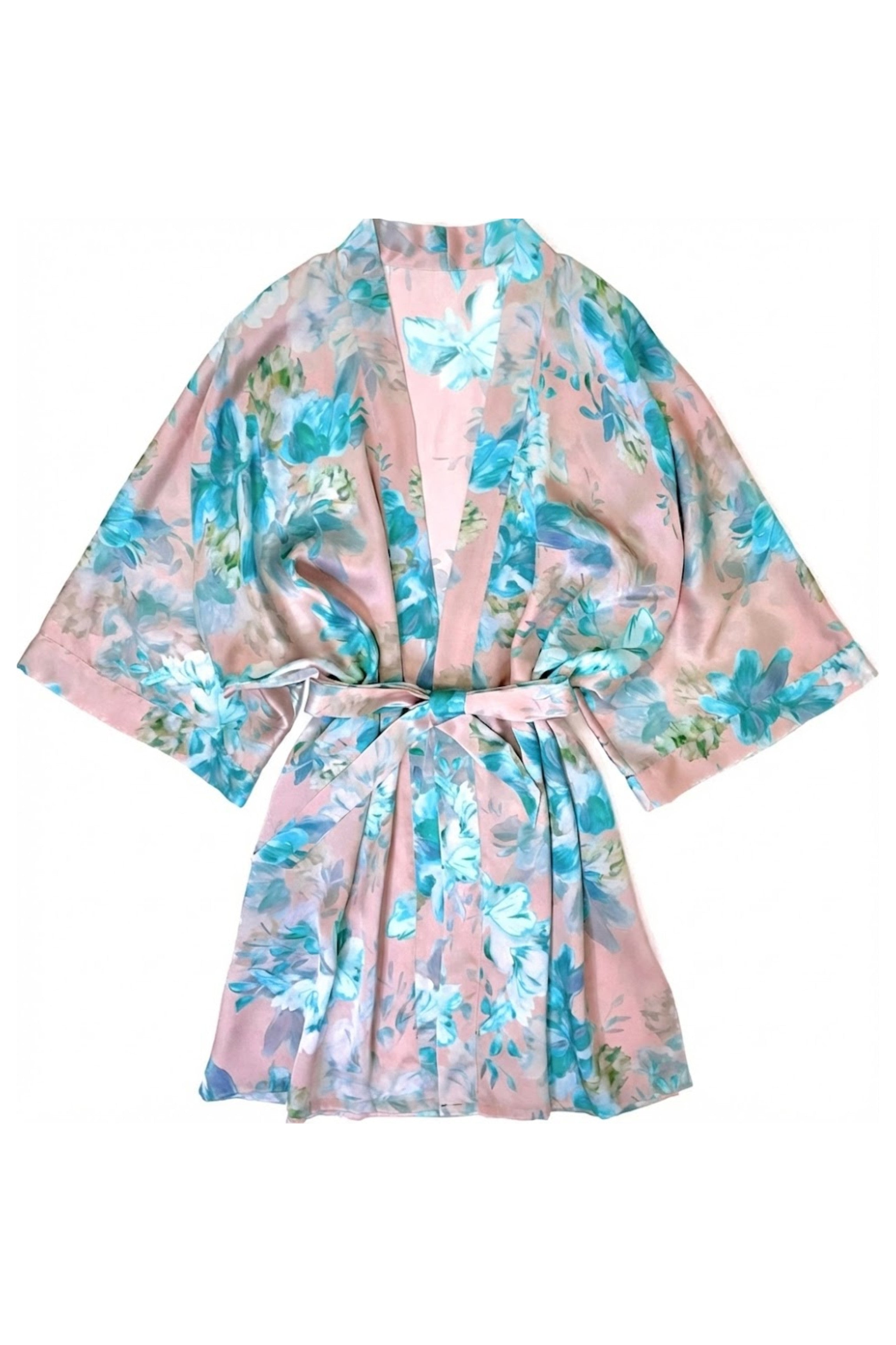 Kimono en soie court fleurie rose et turquoise