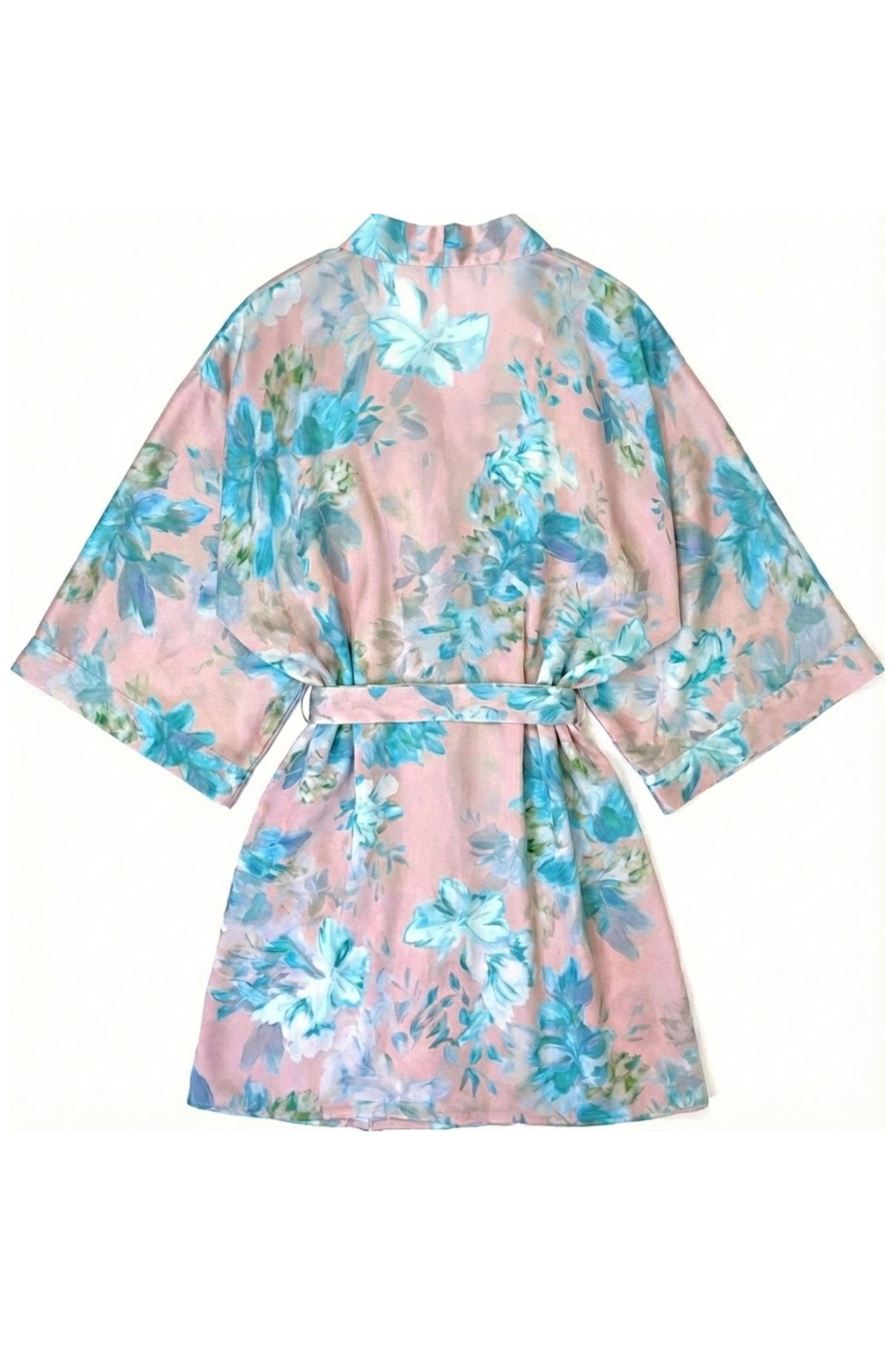 Kimono en soie court fleurie rose et turquoise