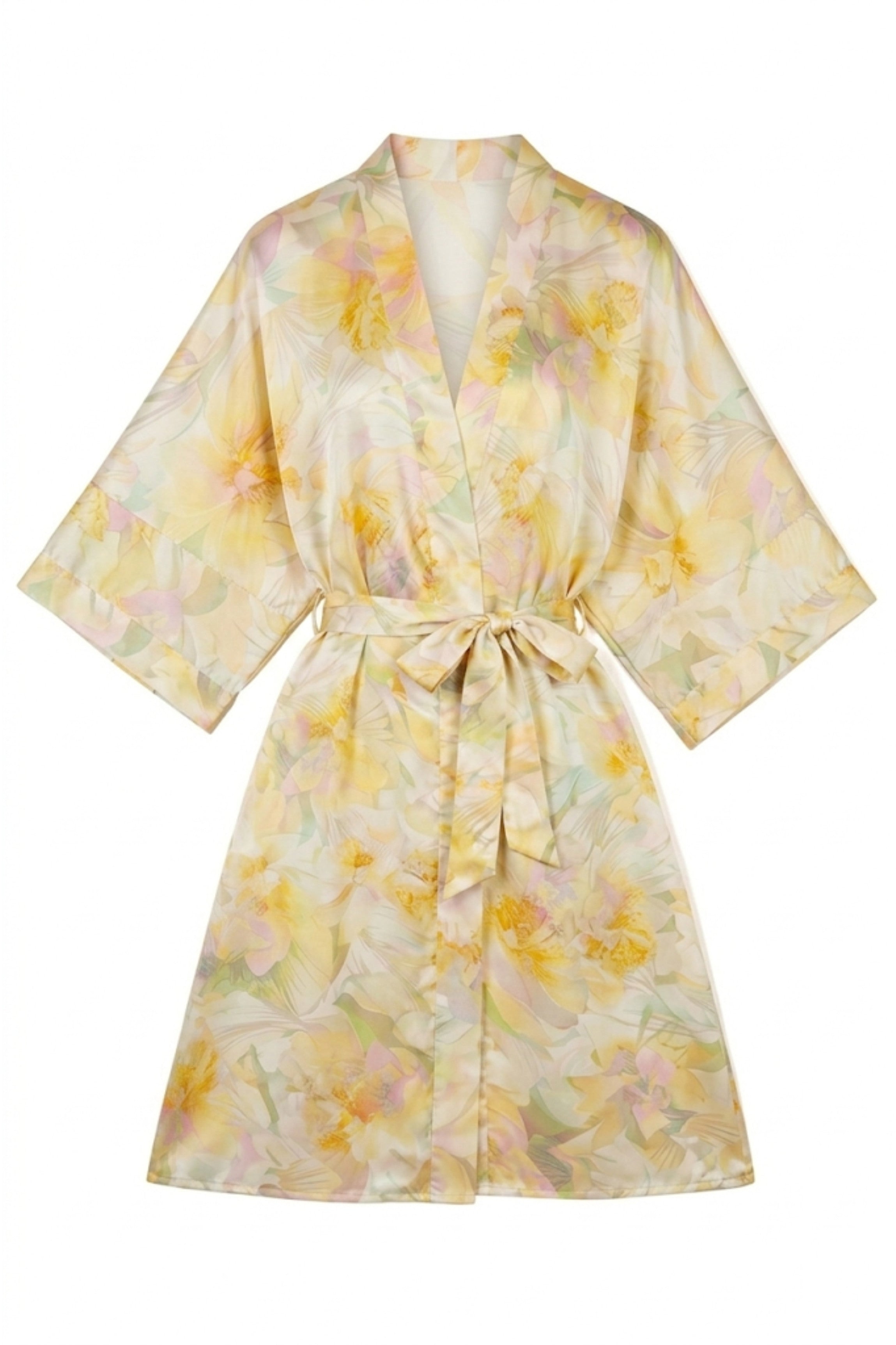 Kimono long en soie jaune