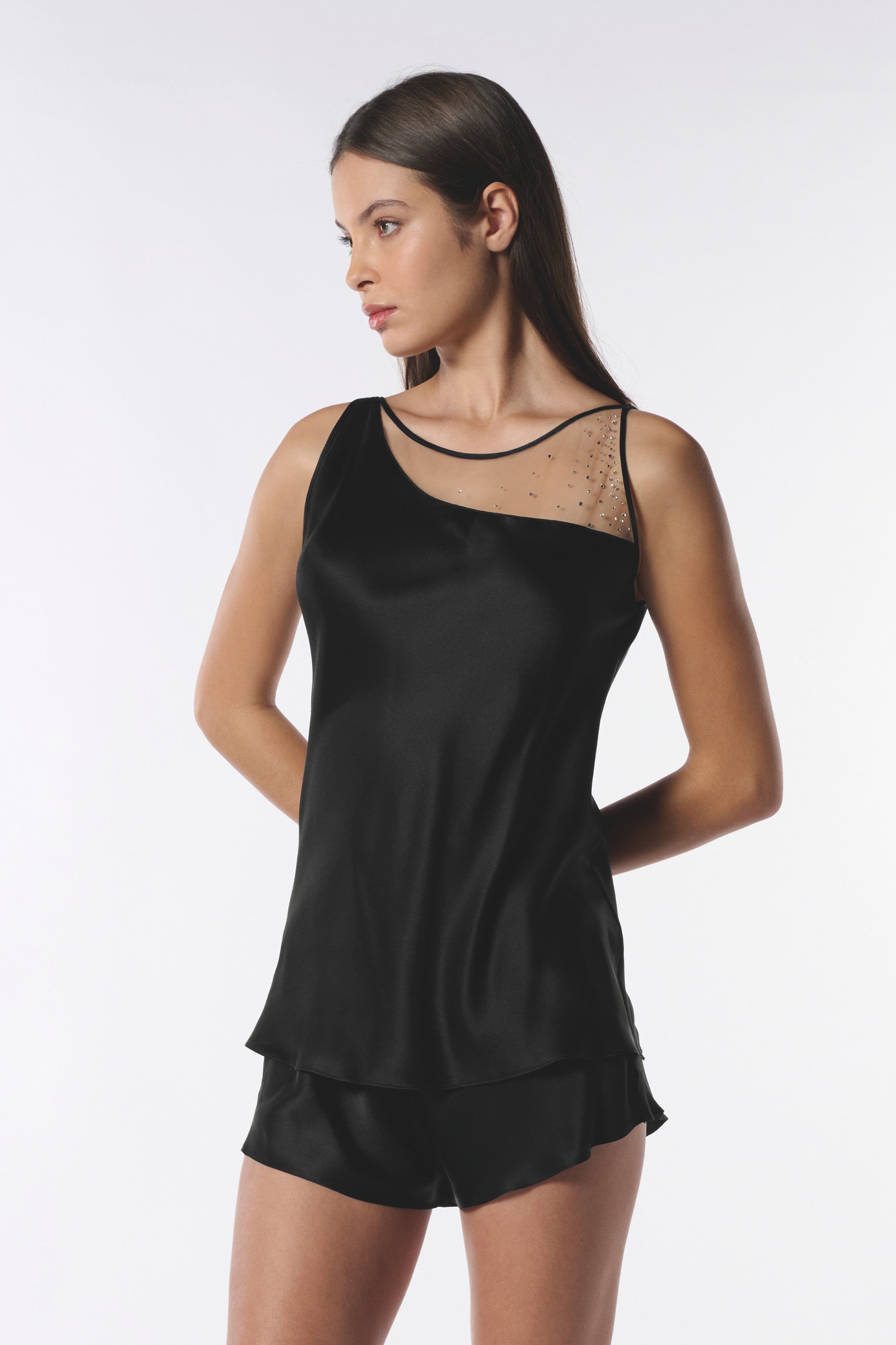 Débardeur soie noire strass
